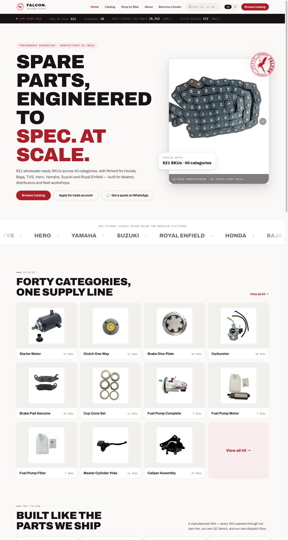 Falcon International website capture showing the motorcycle spare-parts catalogue